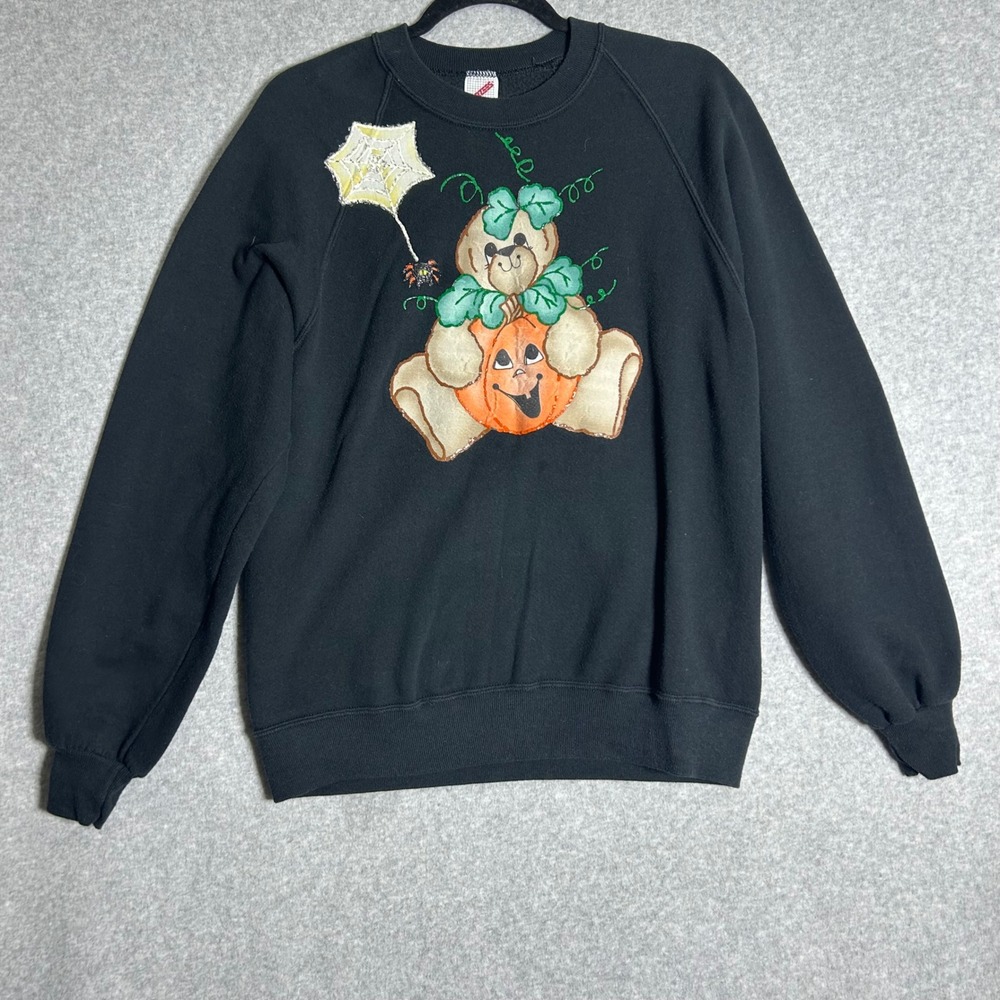 Jerzees Halloween Sweatshirt Mens L Black Pumpkin Bear Vintage 90s Made in USA